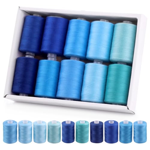 Rustark 10 Stück 1000m Blaue Farben Polyester Nähfäden Set Polyester Stickgarn Maschine Faden Hand Nähfaden Sortiment für Nähen, Sticken, Handnähen von Rustark