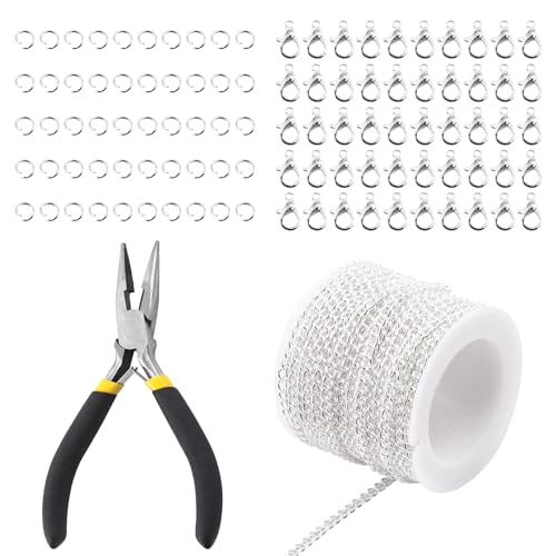 Rustark 102Pcs 4mm 30 Feet Silver Jewelry Making Chains Kit Thin Necklace Bracelet Chain Twisted Links Curb Chain with Jump Rings Lobster Clasps and Pliers for Bracelet Necklace Jewelry Making von Rustark