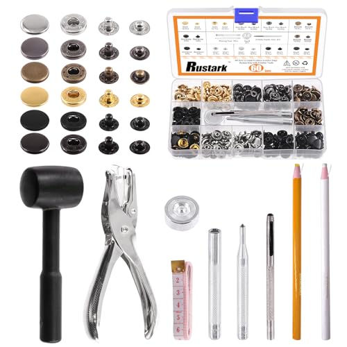 Rustark 120 Sets 12,5 mm 6 Farben Leder Druckknopf Set mit Hammer Zange und Werkzeugen, Metall Druckknopf Kleidungs Druckknopf Sortiment Set für Leder, Kleidung, Jacken, Jeans, DIY Handwerk von Rustark