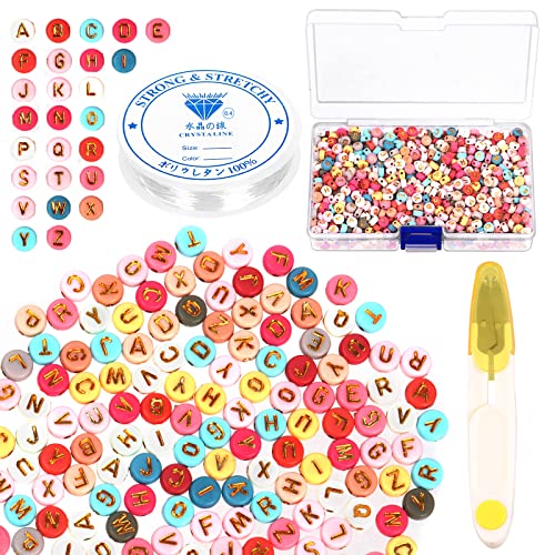 Rustark 1202Pcs Colorful Letter Beads Kit Acrylic Alphabet Beads A-Z Round Letter Beads Mixed Letter Spacer Beads with 1 Roll Crystal String Cord and Scissors for Bracelets and Jewelry Making von Rustark