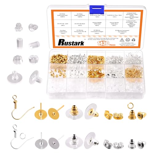 Rustark 1430 Stück 10-Stil Ohrring Stecker Flach Pad Ohrringhaken Ohrringe Set mit Ohrring Verschlüssen, Silikon Ohrring Verschluss, Biegeringe, Ohrring Verschlüsse für die Schmuckherstellung von Rustark