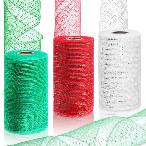 Rustark 3 Rollen 15 cm x 1,5 m/Rolle Deko Netzband rotes splitter grünes Deco Poly Mesh Poly Netzband für Kranz, Weihnachtsbaum, Dekoration, Geschenkpapier, DIY-Handwerk (6 Zoll x 10 Yards) von Rustark