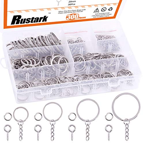 Rustark 300 Stück Silberne Schlüsselanhänger-Ringe-Set 100 Schlüsselanhängerringe mit Kette und 100 offene Binderinge mit 100 Stück Schraubösen für Schmuckherstellung (Silber) von Rustark