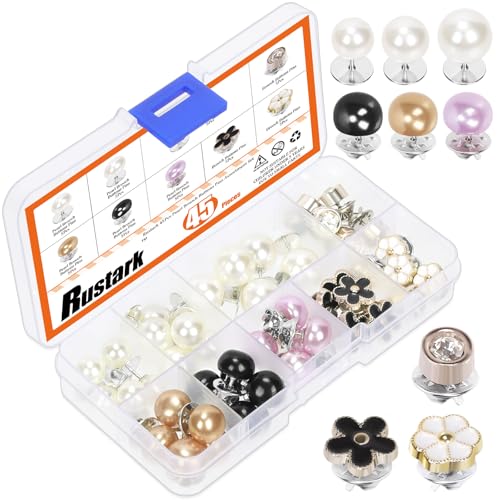 Rustark 45Pcs 9 Styles No Sew Pearl Brooch Buttons Pins Assortment Kit Reusable Pearl Pins Safety Brooch Buttons Pearl Brooch Pins for Shirt Dress DIY Crafts Sewing Decoration von Rustark