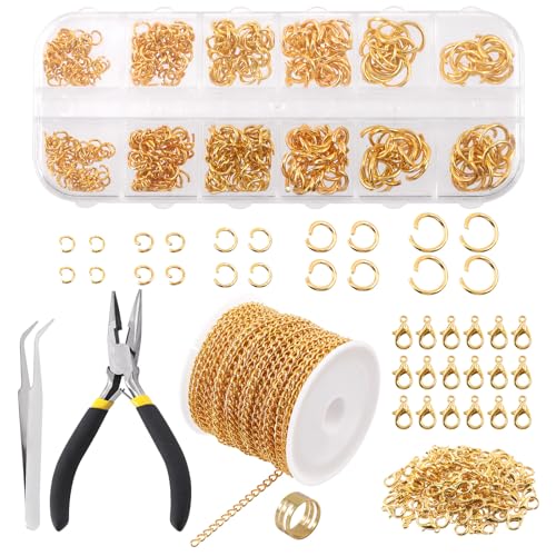 Rustark 504Pcs 4mm 30 Feet Gold Jewelry Making Chains Kit Thin Necklace Bracelet Chain Twisted Links Curb Chain with Jump Rings Lobster Clasps and Pliers for Bracelet Necklace Jewelry Making von Rustark