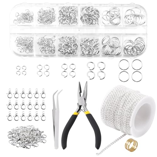 Rustark 504Pcs 4mm 30 Feet Silver Jewelry Making Chains Kit Thin Necklace Bracelet Chain Twisted Links Curb Chain with Jump Rings Lobster Clasps and Pliers for Bracelet Necklace Jewelry Making von Rustark