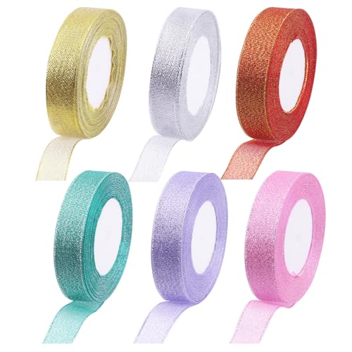 Rustark 6 Rollen Metallic Glitter Organza Bänder Sortiment Kit 6 Farben 6mm, 10mm, 20mm, 25mm x 22.5m Glitter Dekoband Organzaband Schleifenband für Geschenkverpackung Party Dekoration von Rustark