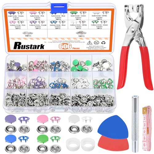 Rustark 608 Stück 5 Farben Druckknöpfe Set mit Zange Beinhaltet 9.5mm Jersey Druckknöpfe Hohle und Solide, Snaps Zange, Stanzwerkzeug, Lineal und Nähkreide für DIY Nähen Handwerk von Rustark