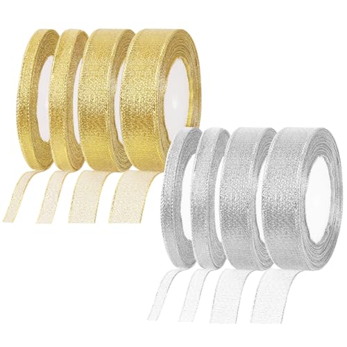 Rustark 8 Rollen Metallic Glitter Organza Bänder Sortiment Kit 4 Größen Gold und Silber Organzaband 6mm, 10mm, 20mm, 25mm x 22.5m Glitter Dekoband Schleifenband für Geschenkverpackung Party Dekoration von Rustark