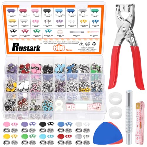 Rustark 808 Stück 10 Farben Druckknöpfe Set mit Zange Beinhaltet 9.5mm Jersey Druckknöpfe Hohle und Solide, Snaps Zange, Stanzwerkzeug, Lineal und Nähkreide für DIY Nähen Handwerk von Rustark