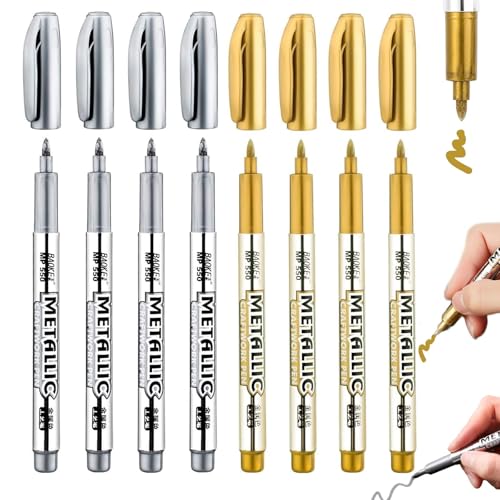 Ruucy 8 Stück Gold Silber Metallic Stifte, 1.5 mm Goldstift Metallic Marker, Goldener Stift Silberstift Acrylstift für Holz, Stein, Gästebuch, Karten, Handwerk, Metall (4 Gold + 4 Silber) von Ruucy