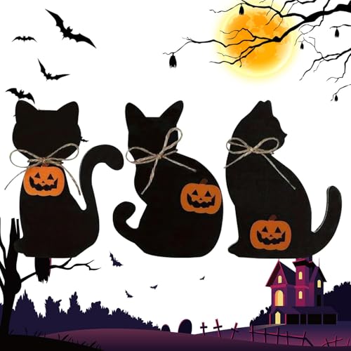 Ruwshuuk Halloween-Tischdekoration mit schwarzen Katzen, Tiertablett-Dekoration mit schwarzen Katzen aus Holz - Silhouette Tischschild Ornament,Halloween Schwarze Katze Silhouette Holzbehang Ornament von Ruwshuuk