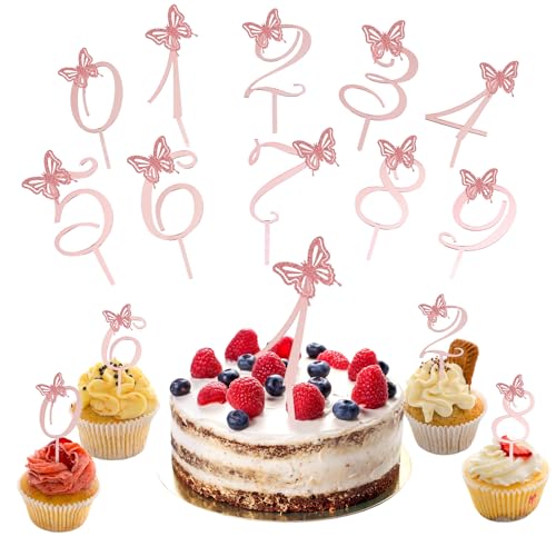 Ruzister 10 Stück 0-9 Acryl Roségold Glitzer Schmetterling Zahlen Geburtstag Tortenstecker, Selbstklebende Zahl Tortendeko, Essbare Cupcake Topper für Kindergeburtstag von Ruzister