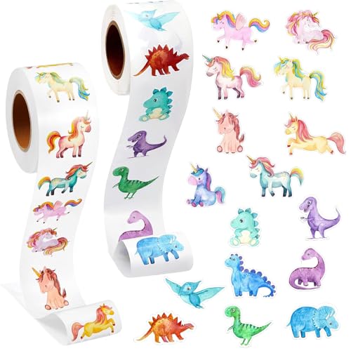 Ruzister 1000 Stück Einhorn Dinosaurier Aufkleber, Belohnungsaufkleber, Kinderaufkleber, runde Aufkleber, Dinosaurier Scrapbooking Aufkleber, runde Aufkleber für Kinder von Ruzister