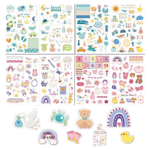 Ruzister 4 Bogen 215 Sticker Babyalbum, Aufkleber für Kinder und Babyfotoalben, 8 Bogen DIN A4 DIY Scrapbooking Sticker zum Gestalten, Baby Scrapbook Sticker von Ruzister