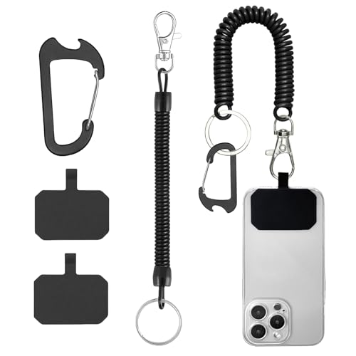 Ruzister Schwarze Federkordelbänder für Mobiltelefone, Handy-Tether-Lanyard, Anti-Diebstahl-Handyband mit Karabiner, passend für die meisten Mobiltelefone von Ruzister