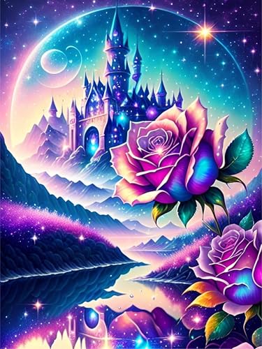 5D Diamond Painting Erwachsene Rose Blume Schloss Diamant Painting Bilder Erwachsene, DIY Crystal Strass Stickerei Painting Diamon Painting Bilder Wand Dekor Castle Diamanten Painting 30x40cm von Rvhulwa