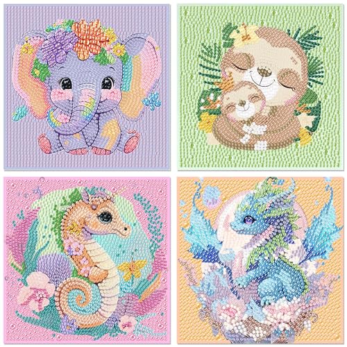 Rvhulwa 4er Set 5D Diamond Painting Kinder Tiere-Set Full Diamant Painting Bilder Kinder Tiere,DIY Mosaikherstellung Basteln Mädchen Junge 6 7 8 9 10 11 12 Jahre,Geschenk Kinder Ab 6 Jahre 15x15cm von Rvhulwa