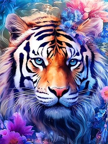 Rvhulwa 5D Diamant Painting Bilder für Erwachsene Tiger Diamond Painting Set, DIY Strass Bilder Blumen Diamant Kunst Kits, Runde Steine Diamant Stickerei Painting für Haus Büro Wall Dekor 30x40 cm von Rvhulwa