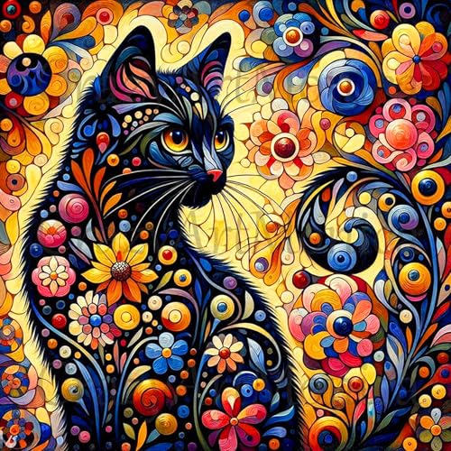 Rvhulwa 5D Diamond Painting Erwachsene Katze Diamant Painting Bilder Erwachsene, DIY Crystal Strass Stickerei Painting Diamon Painting Bilder Wand Dekor Schwarze Katze Diamanten Painting 35x35cm von Rvhulwa