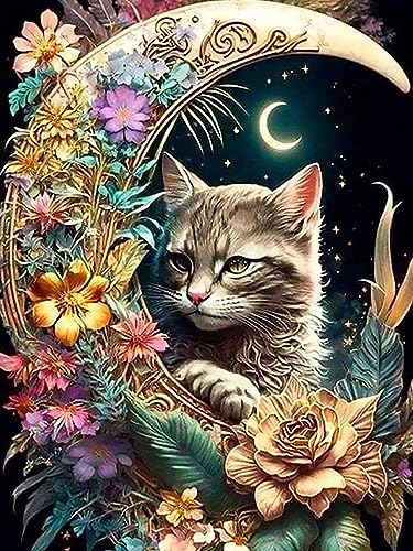 Rvhulwa 5D Diamond Painting Erwachsene Mond Katzen Diamant Painting Bilder Kit für Erwachsene DIY Crystal Strass Stickerei Painting Diamond-Painting Kit für Home Büro Wall Dekoration 30x40cm von Rvhulwa