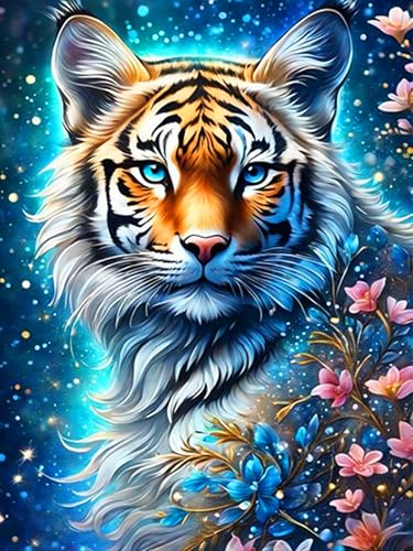 Rvhulwa Tiger Diamant Painting Bilder für Erwachsene, 5D Tiger Diamond Painting Set, DIY Strass Bilder Blumen Diamant Kunst Kits,Runde Steine Diamant Painting für Zuhause Dekor 30x40 cm von Rvhulwa