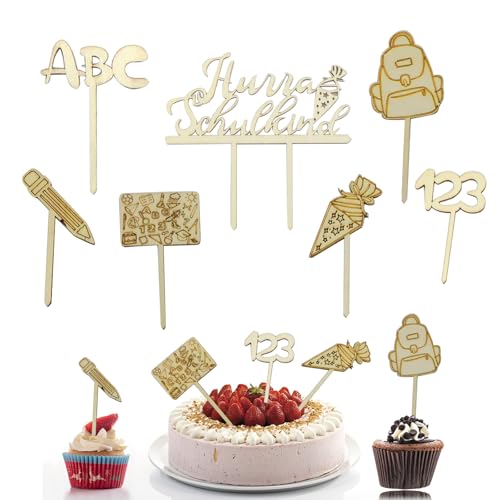 Tortendeko Einschulung aus Holz, 7-teilig Cake Topper, Cupcake Toppers für Einschulungskuchen für Schulkind Kinder Mädchen Junge von Rwoythk