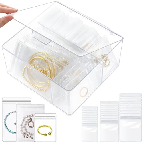 Rxsdeni Acryl-Schmuck-Organizer und Aufbewahrung mit 60 tragbaren Schmuckbeuteln, Anlaufschutz, 4-in-1-Schmuckschatulle für Damen, transparente Schmuckschatulle, Reise-Schmucketui für Ohrringe, Ringe von Rxsdeni