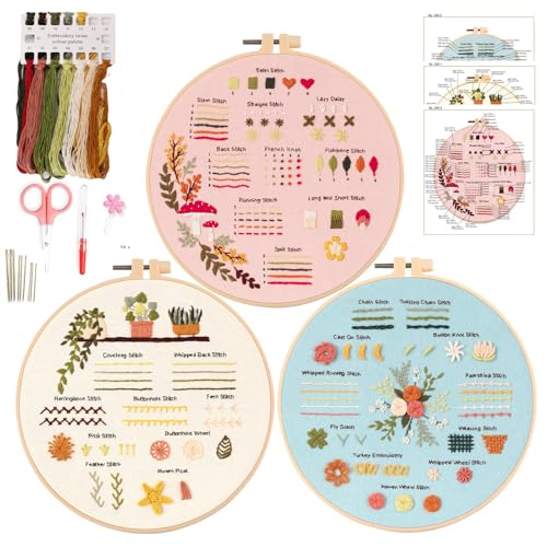 Ryebme 3 Stickset für Anfänger, Sticken Set Erwachsene von 30 Verschiedenen Stichen, Blumenmuster Pflanzen Stickset mit 1 Stickrahmen, Anleitung und Werkzeuge, Kreuzstich Set, Embroidery kit für Nähen von Ryebme