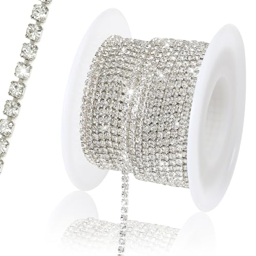 Rytenz 9,1 m 4 mm Strass-Kette, Zierleiste, glänzende Strass-Kette zum Nähen, Basteln, Dekoration, Schmuck, Kleidung, Schuhe (weißer Diamant, Silber) von Rytenz