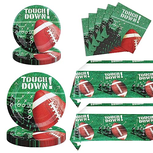 Ryzovo 62 Pcs Fußball Party Supplies Geschirrset Fußball Thema Party Dekorationen einschließlich Pappteller Servietten Kunststoff Tischdecke für Fußball Super Bowl Game Day Geburtstag Party 20 Gäste von Ryzovo