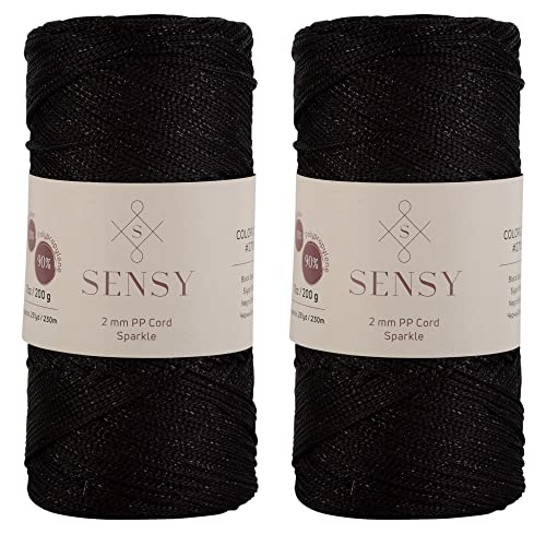 2 Garnstrange Sensy Premium 2 mm 230 Meter Glitzer Polyester-Seil, 90% Polypropylen, 10% Polyesterschnur, Makramee-Kordel 2 mm Häkeltasche Kordel Makramee Seil Häkelgarn Geschenk für Strickwaren von S SENSY