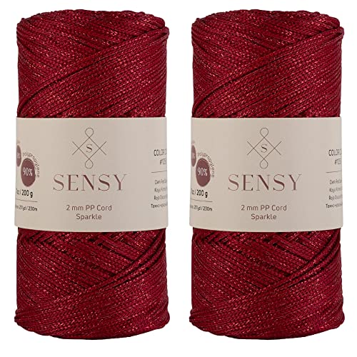 2 Garnstrange Sensy Premium 2 mm 230 Meter Glitzer Polyester-Seil, 90% Polypropylen, 10% Polyesterschnur, Makramee-Kordel 2 mm Häkeltasche Kordel Makramee Seil Häkelgarn Geschenk für Strickwaren von S SENSY