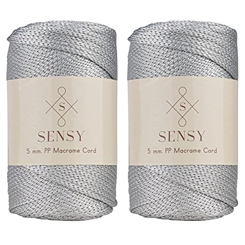 2 Garnstrange Sensy Premium 5 mm 104 Yards Polyesterseil 100% Polypropylen-Kordel Makramee-Kordel 5 mm Häkeltasche Kordel Makramee Seil Häkelgarn Geschenk für Strickwaren (Silver) von S SENSY