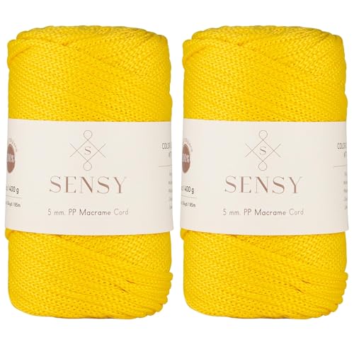 2 Garnstrange Sensy Premium 5 mm 95 Meter Polyester-Seil, 100% Polypropylen-Kordel Makramee-Kordel 5 mm Häkeltasche Kordel Makramee Seil Häkelgarn Geschenk für Strickwaren (Gelb) von S SENSY