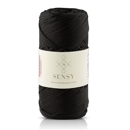 Sensy Premium 1,5 mm 160 Meter Polyester-Seil, 100% Polypropylen, Makramee-Schnur, 1,5 mm, Häkelnadel, Makramee-Seil, Häkelgarn, Geschenk für Stricker, Schwarz von S SENSY