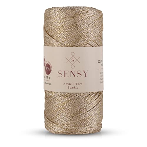 Sensy Premium 2 mm 230 Meter Glitzer Polyester-Seil, 90% Polypropylen, 10% Polyesterschnur, Makramee-Kordel 2 mm Häkeltasche Kordel Makramee Seil Häkelgarn Geschenk für Strickwaren (Ecru-Glitzer) von S SENSY