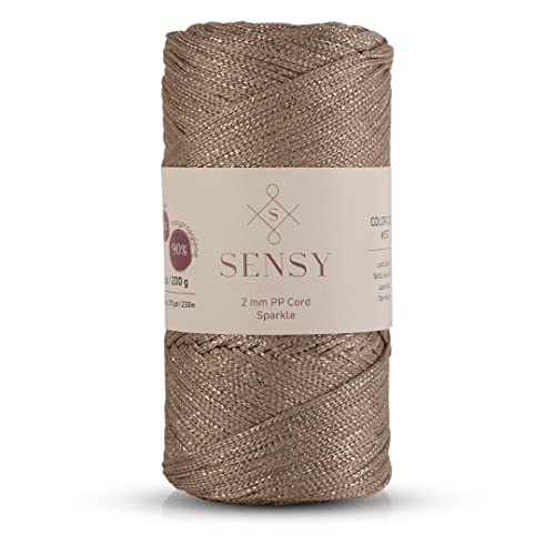 Sensy Premium 2 mm 230 Meter Glitzer Polyester-Seil, 90% Polypropylen, 10% Polyesterschnur, Makramee-Kordel 2 mm Häkeltasche Kordel Makramee Seil Häkelgarn Geschenk für Strickwaren (Latte-Glitzer) von S SENSY