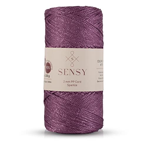 Sensy Premium 2 mm 230 Meter Glitzer Polyester-Seil, 90% Polypropylen, 10% Polyesterschnur, Makramee-Kordel 2 mm Häkeltasche Kordel Makramee Seil Häkelgarn Geschenk für Strickwaren (Pflaume-Glitzer) von S SENSY