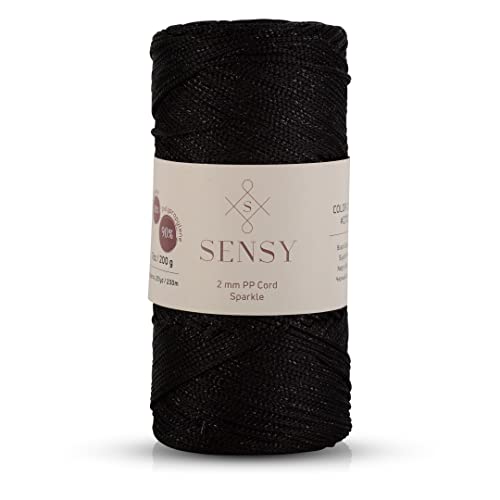 Sensy Premium 2 mm 230 Meter Glitzer Polyester-Seil, 90% Polypropylen, 10% Polyesterschnur, Makramee-Kordel 2 mm Häkeltasche Kordel Makramee Seil Häkelgarn Geschenk für Strickwaren (Schwarz-Glitzer) von S SENSY