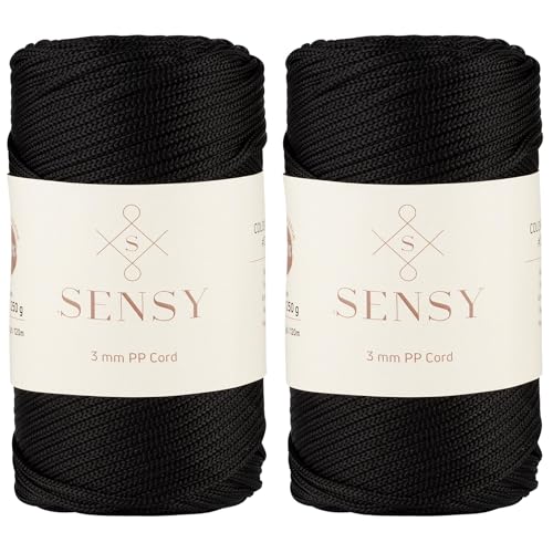 Sensy Premium 3 mm 120 Meter Polyester-Seil, 100% Polypropylen-Kordel, Makramee-Kordel, 3 mm Häkeltaschen-Kordel, Makramee-Seil, Häkelgarn, Geschenk für Stricker (Schwarz) von S SENSY