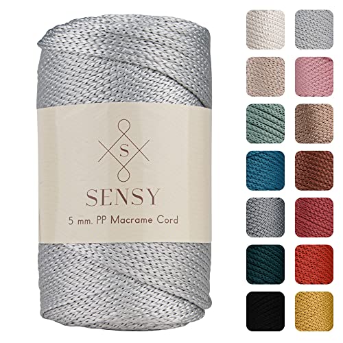 Sensy Premium 5 mm 104 Yards Polyesterseil 100% Polypropylen-Kordel Makramee-Kordel 5 mm Häkeltasche Kordel Makramee Seil Häkelgarn Geschenk für Strickwaren (Silver) von S SENSY