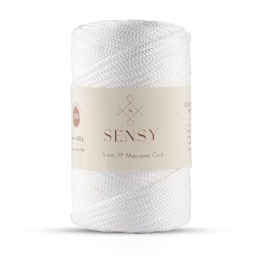 Sensy Premium 5 mm 95 Meters Polyesterseil 100% Polypropylen-Kordel Makramee-Kordel 5 mm Häkeltasche Kordel Makramee Seil Häkelgarn Geschenk für Strickwaren (Weiss) von S SENSY