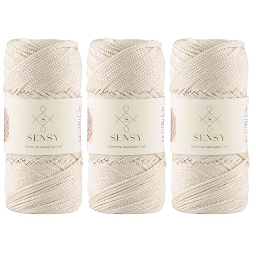 Sensy Premium Polyester-Seil, 1,5 mm, 100% Polypropylen, Makramee-Schnur, 1,5 mm, Häkelschnur, Makramee-Seil, Häkelgarn, Geschenk für Stricker, 3 Knäuel (Ecru) von S SENSY