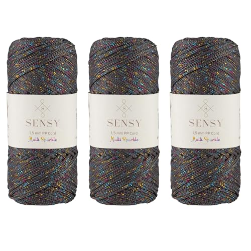 Sensy Premium Polyester-Seil, 1,5 mm, 100% Polypropylen, Makramee-Schnur, Häkelschnur, Makramee-Seil, Häkelgarn, Geschenk für Stricker, 3 Knäuel (Anthrazit Multi-Glitzer) von S SENSY