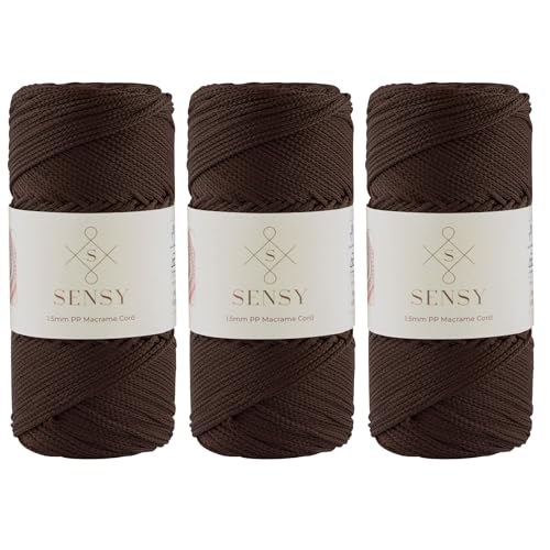 Sensy Premium Polyester-Seil, 1,5 mm, 100% Polypropylen, Makramee-Schnur, Häkelschnur, Makramee-Seil, Häkelgarn, Geschenk für Stricker, 3 Knäuel (Braun) von S SENSY