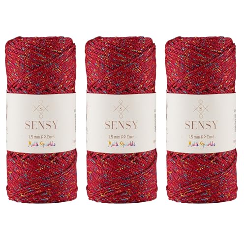 Sensy Premium Polyester-Seil, 1,5 mm, 100% Polypropylen, Makramee-Schnur, Häkelschnur, Makramee-Seil, Häkelgarn, Geschenk für Stricker, 3 Knäuel (Dunkelroter Multi-Glitzer) von S SENSY