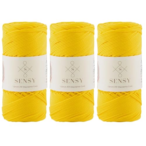 Sensy Premium Polyester-Seil, 1,5 mm, 100% Polypropylen, Makramee-Schnur, Häkelschnur, Makramee-Seil, Häkelgarn, Geschenk für Stricker, 3 Knäuel (Gelb) von S SENSY