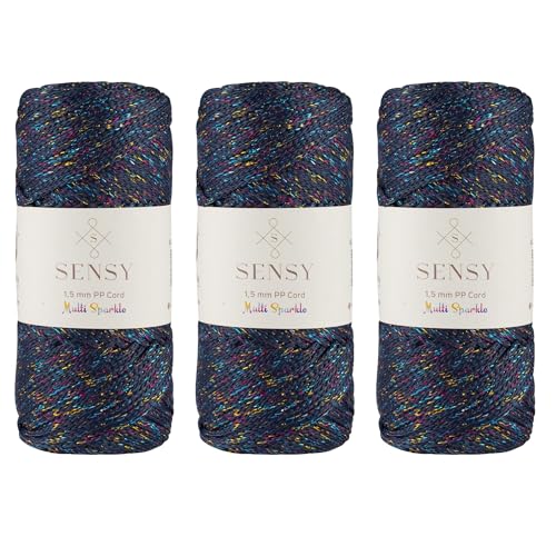 Sensy Premium Polyester-Seil, 1,5 mm, 100% Polypropylen, Makramee-Schnur, Häkelschnur, Makramee-Seil, Häkelgarn, Geschenk für Stricker, 3 Knäuel (Navy Blau Multi-Glitzer) von S SENSY