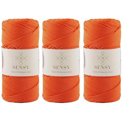 Sensy Premium Polyester-Seil, 1,5 mm, 100% Polypropylen, Makramee-Schnur, Häkelschnur, Makramee-Seil, Häkelgarn, Geschenk für Stricker, 3 Knäuel (Orange) von S SENSY